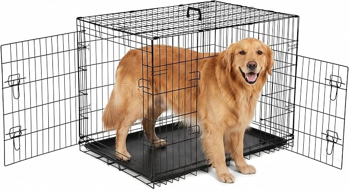 36IN Double Door Dog Crate - Foldable Metal Wire Kennel with Divider Panel | Portable Dog Kennel with Leak-Proof Tray & Secure Latch for Indoor, Outdoor, Travel, Durable & Easy to Assemble