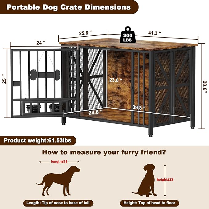 Easycom Foldable Large Dog Crate Furniture, 41.3" Assembly-Free Dog Crates for Large Dogs, Wooden Dog Kennel Indoor with Tag & Dog Bowls, Dog Cage Use as TV Stand, Rustic Brown | Foldable Large Dog Crate Furniture for Large Dogs, Wooden Dog Cage Use as...