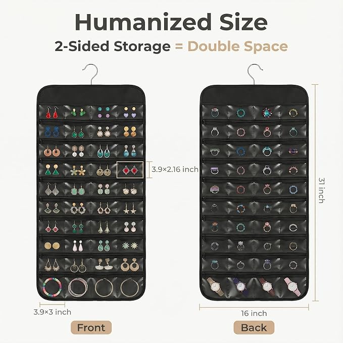 Hanging Jewelry Organizer with 80 Clear Pockets | Double Sided Jewelry Storage Organizer for Necklaces, Earrings and Accessories with Closet Hanging Design
