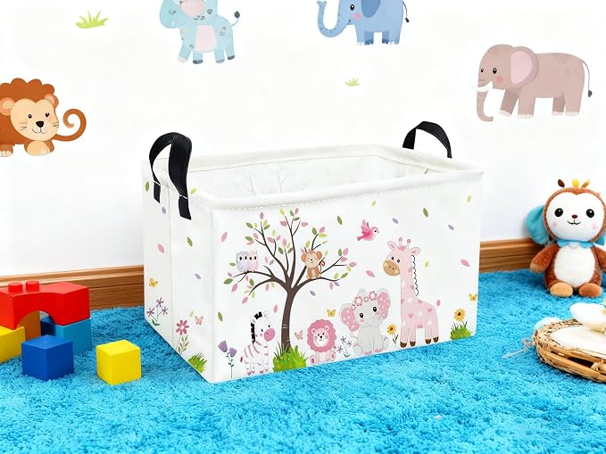 Essme Rectangular Animal Baskets,Pink Storage Basket with Handles for Room Decor,Cute Storage Bin（Pink animal）