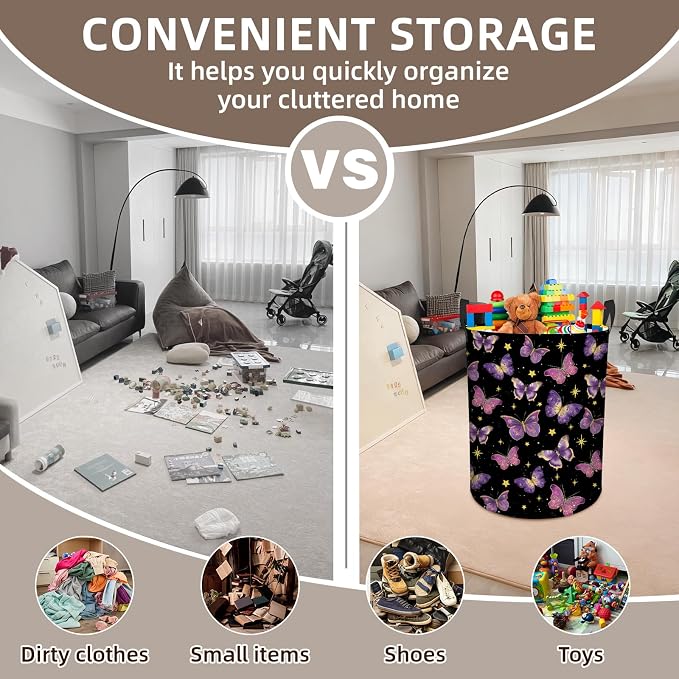 Butterfly Laundry Hamper Girls Boys, Baby Nursery Laundry Basket for Bedroom, Round Collapsible Waterproof Storage Bin with Handles for Toys, Storage Basket for Boy, Butterfly Room Decor, 13.8x17.7in