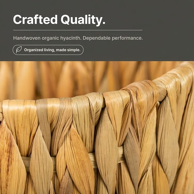 Household Essentials Handwoven Round Water Hyacinth Waste Basket with Plastic Liner, Natural