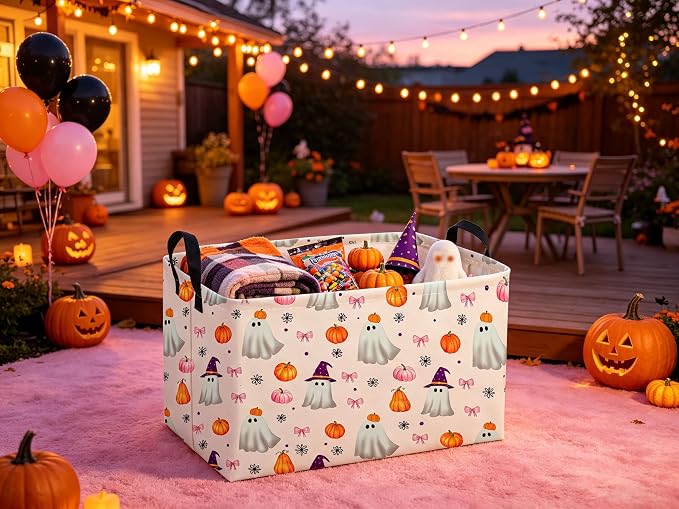 Sanjiaofeng Rectangular Pink Halloween Ghost Storage Basket,Trick or Treat Halloween Basket,Halloweens‌ Party Candy Gift Baskets(Pink Pumpkin)