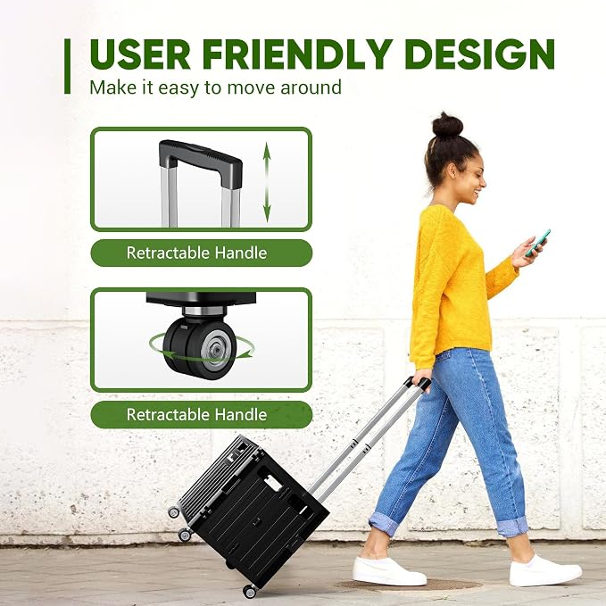 Folding Utility Cart, Portable Rolling Crate Handcart Collapsible Shopping Trolley with Lid, Foldable Tool Box Basket with 4 Rotate Wheels for Grocery, Office, Luggage, School - Black