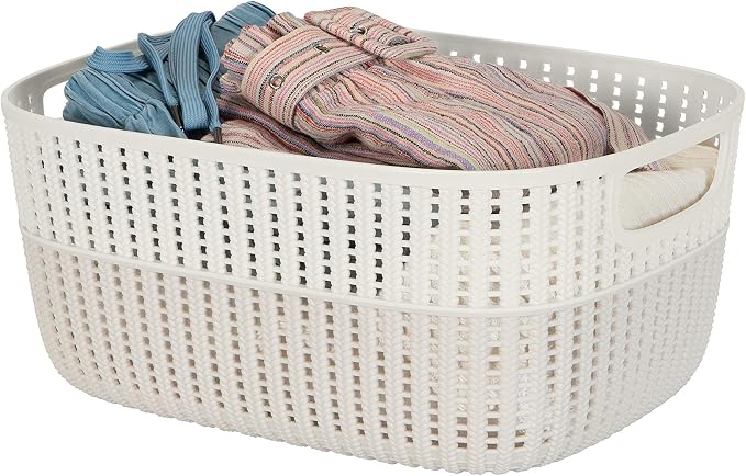 Simplify 4 Pack 2 Tone Sailor Knot Plastic Storage Tote | Decorative Basket | Closet Organization | De-clutter | Accessories | Toys | Bathroom Organization | Large | Ivory