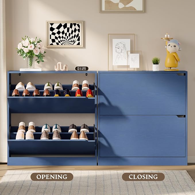 BORNOON Shoe Cabinet with 2 Flip Drawers, Slim Narrow Shoe Storage Cabinet, Freestanding Shoe Organizer with Adjustable & Removable Shelves, Top Display Shelf for Entryway, Hallway, Foyer, Closet