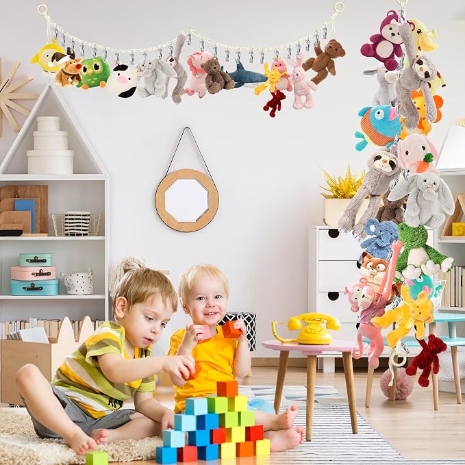 2pcs Stuffed Animal Storage Chain Boho Stuffed Animal Hammock | with 40pcs Metal Clips, Stuff Animal Organizer Hanging Storage for Bedroom Wall Door Display