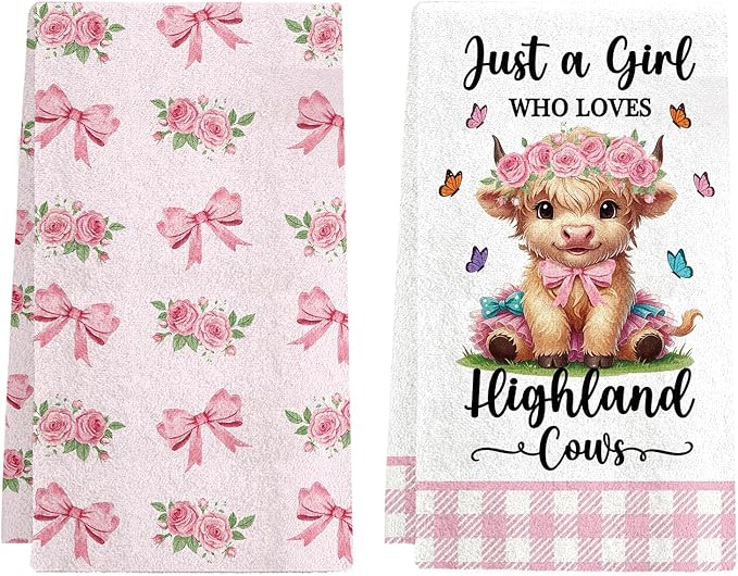 Highland Cow Kitchen Towels Set of 2 - Absorbent Dish Towels for Kitchen Drying, Cute Cow Dishcloths with Pink Bow Design, Decorative Dish Towels, Housewarming Gifts for Women Cows Lovers