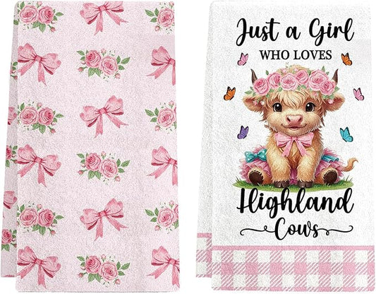 Highland Cow Kitchen Towels Set of 2 - Absorbent Dish Towels for Kitchen Drying, Cute Cow Dishcloths with Pink Bow Design, Decorative Dish Towels, Housewarming Gifts for Women Cows Lovers