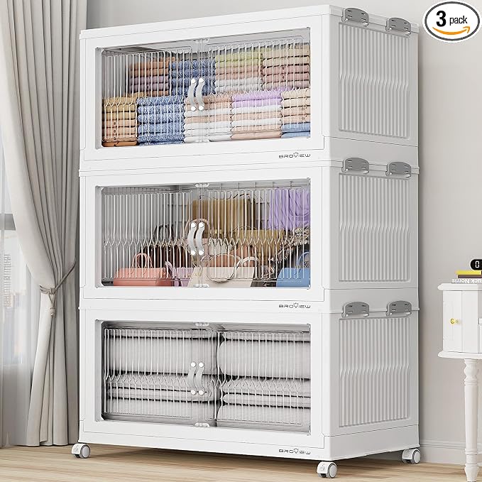 BROVIEW 600QT Extra Large Stackable Storage Bins with Lids, 3Pack White | 150Gal Plastic Collapsible Cabinets Containers, Wheels & PET Doors, Foldable Closet Organizers Drawers for Office, Dorm