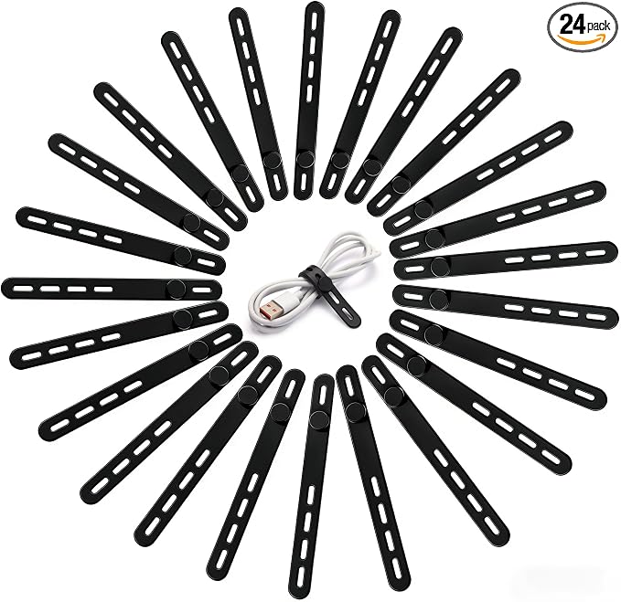 24 Pack Silicone Cable Ties, Cord Wrap for Home Office Travel Organizer | reusable, durable, adjustable, waterproof, elastic wire straps, multipurpose desk organization charger cord management holder