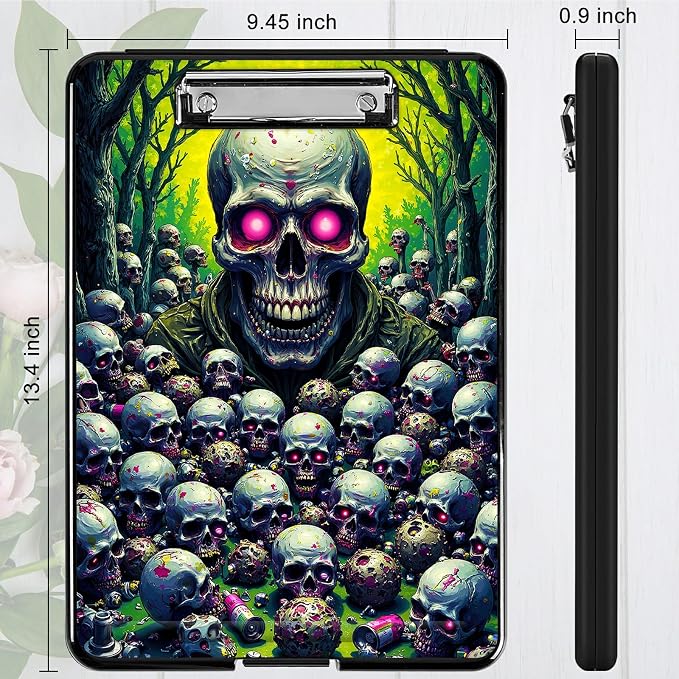 Heavy Duty Storage Clipboard, Slim Nursing Clipboard with Internal Pen Case, Portable File Organizer Case for A4 Letter Size Paper Office Medical Professionals, Forest Skull