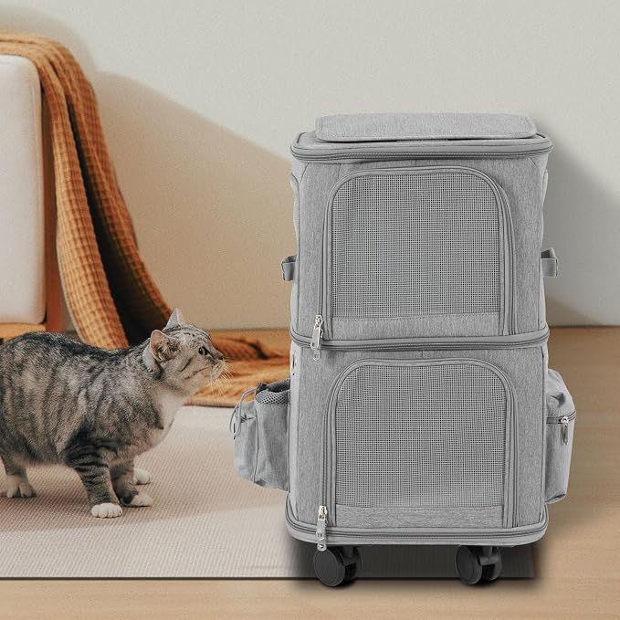 2-Tier Rolling Pet Carrier for Cats & Dogs, Removable Divider, Telescopic Handle, 4 Wheels, Breathable Mesh, Foldable, Large Portable Travel Crate with Side Pockets, 22lbs Capacity