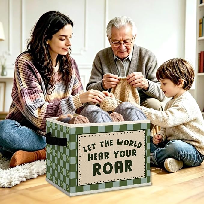 Dinosaur Nursery Cube Storage Bins with Handles, Dinosaur Blue Green Checkered Collapsible Fabric Storage Basket Boxes Books Clothes Organizer for Kids Boys Room Bedroom Playroom Bathroom
