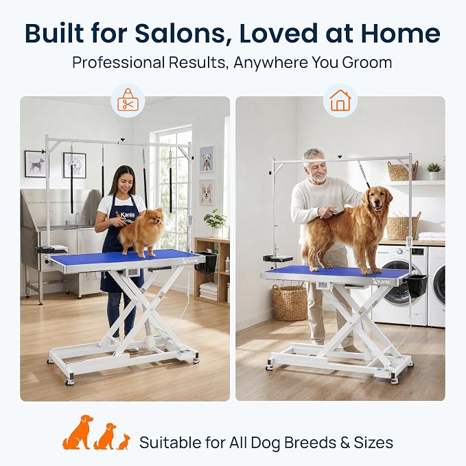 Professional Electric Dog Grooming Table - Heavy Duty | Height Adjustable Pet Grooming Table w/Leveling Wheels, Dog Grooming Arm, Anti-Slip Tabletop & Tool Organizer (White, 49")