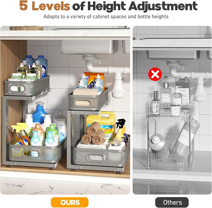 2 Pack 15.7IN-Depth Under Sink Organizer With Smooth Cylindrical Rail,2-Tier Pull Out Multi-Purpose Cabinet Storage for Bathroom&Kitchen,Height Adjustable,Rust-resistant Coating-Gun Gray
