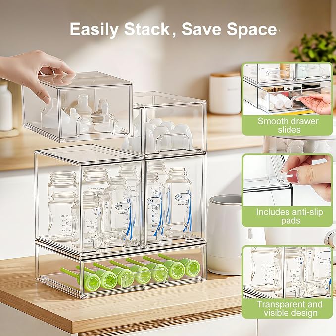 Bottle Storage Organizer Baby: Acrylic Stackable Storage Drawers | Clear Bottles Station Organizer for Countertop, Vanity, Bathroom, Cabinet Organization - 5 Pack