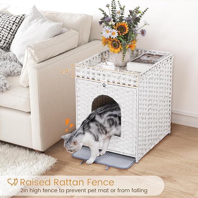 Snughome Cat Litter Box Enclosure Furniture Hidden with Litter Mat, Hidden Washroom Furniture with Door, Handwoven Rattan Cat Washroom Box, Indoor Pet House for Living Room, Bedroom(White)