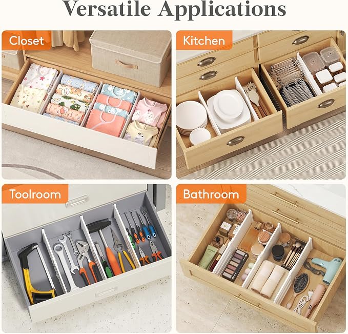 Lifewit 6" Tall Drawer Dividers, Adjustable Deep Drawer Organizer Clothes | 9 Pack 11.5"-18.5" Expandable White Plastic Separators for Dresser, Kitchen, Cabinet, Closet, Office Organization & Storage
