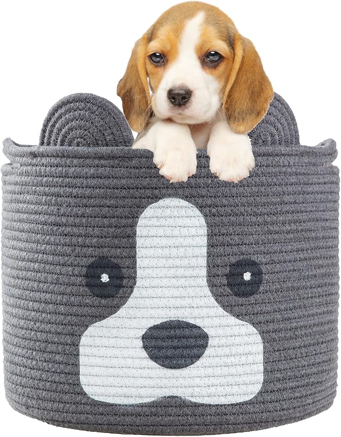 Medium Dog Woven Baskets with Handle, Dog Toy Hamper, Cotton Rope Dog Toy Storage Baskets for Pet, Animal Basket for Kids, Baby Gift Baskets for Dog Lovers, Dark Grey