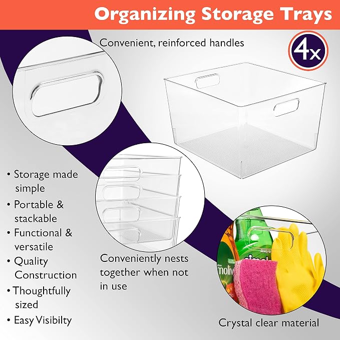ClearSpace Clear Plastic Storage Bins for Kitchen, Fridge, Pantry, 4 Pack | Pantry storage bin for organizing food items, kitchen essentials, and refrigerator storage