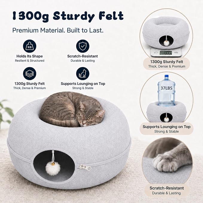 Felt Cat Tunnel for Large Indoor Cats, 24" x 24" x 12" Peekaboo Cave Bed | Light Grey 24" x 24" x 12" sturdy 1300g felt cave with 7" entrance, rear peek hole, large zipper and hanging ball.