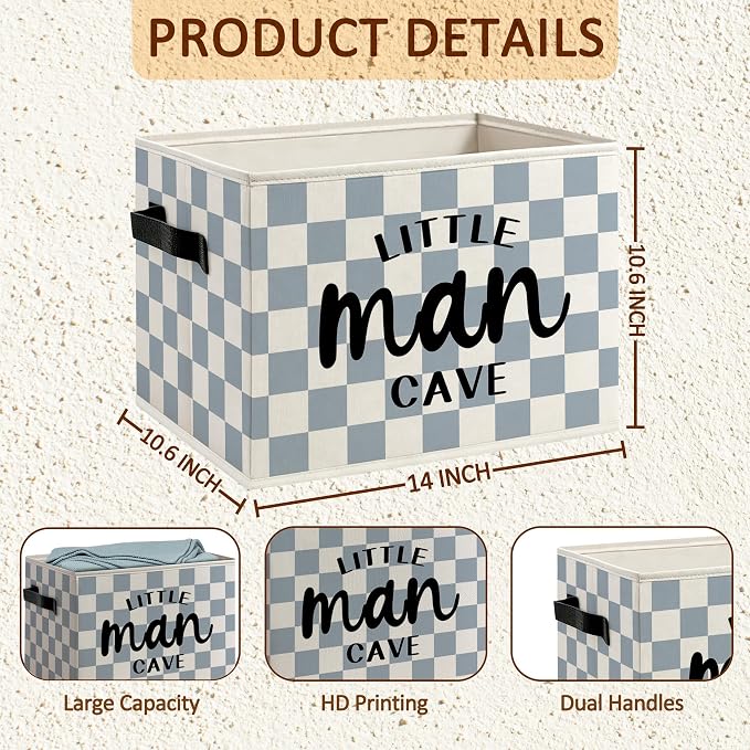Little Man Cave Boys Foldable Storage Bins Box with Handles, Blue and White Checkered Decorative Storage Boxes Baskets Organizer for Kids Boys Playroom Nursery Room Bedroom Bathroom