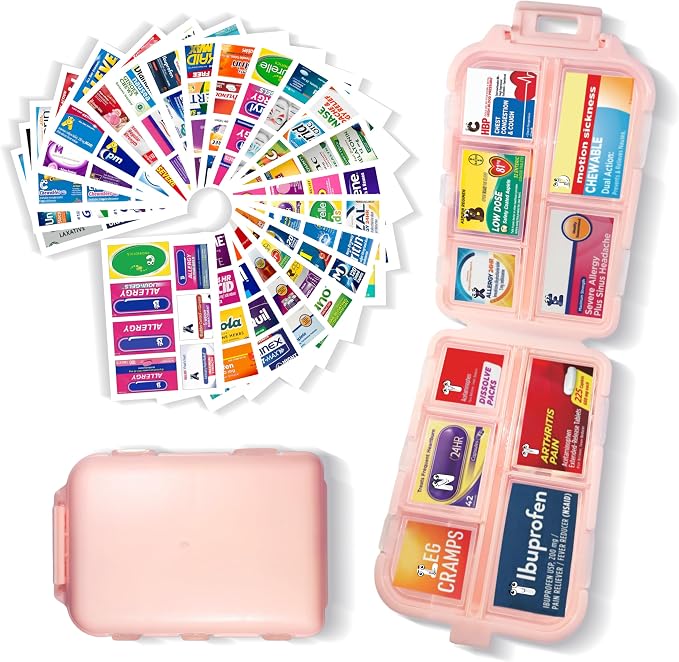 Pill Organizer with 161 Medicine Labels, Pink Travel Pill Case | Compact 10-compartment pill case with 161 labels for daily vitamins, supplements, 7-day planning, purse, backpack, and travel