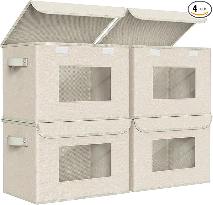 Univivi Collapsible Stackable Storage Bins with Lids, 4 Pack, Beige | 17 x 12 x 12 In Foldable Fabric Closet Organizer Containers, Stackable Closet Organizer and Storage for Home, Office, Bedroom