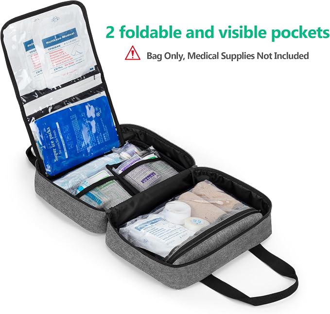 Empty First Aid Kits Case, Portable Emergency Kit Organizer, Gray | Medical Bag for Emergency Supplies and Pill Bottles, Large Capacity, for Hiking, Camping, Car, Travel, Home and Outdoor