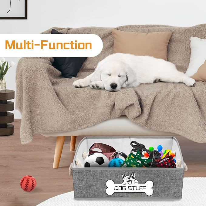 Dog Toy Basket, Storage Bin, Collapsible Box for Pet Accessories | Fabric Container With Handle, Trapezoid Holder for Small Medium dogs, Organizer for Living Room, Light Gray
