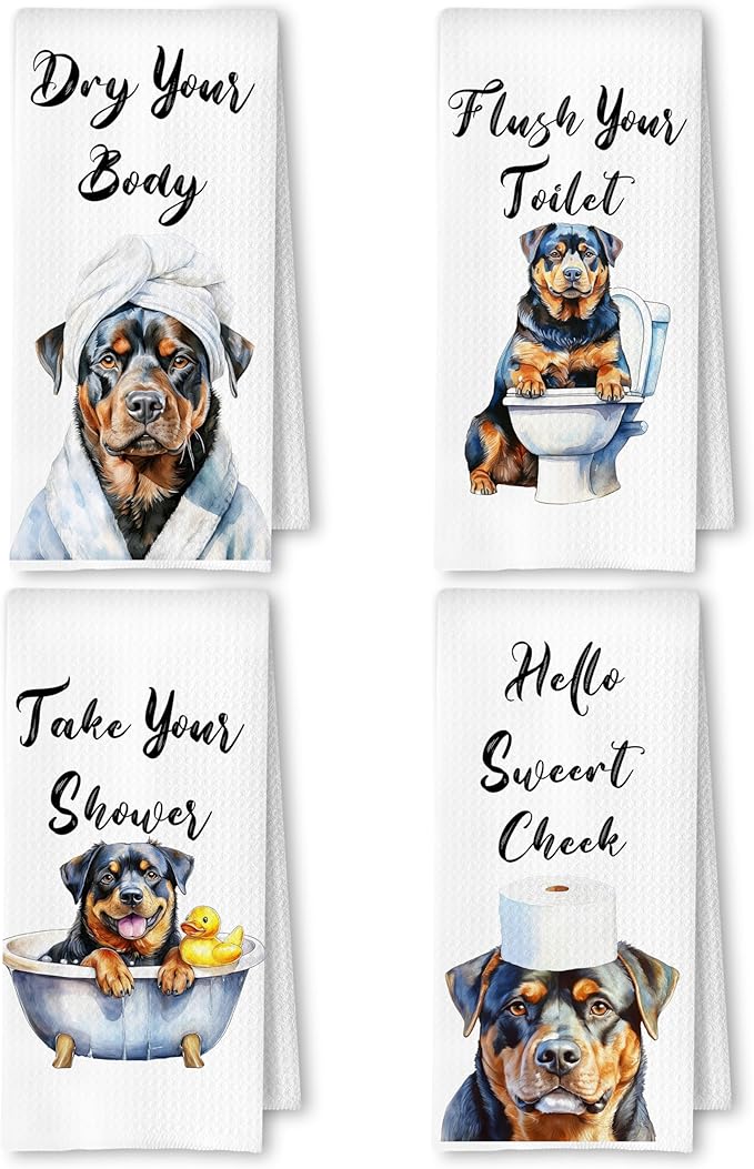Funny Rottweiler Hand Towels for Bathroom Washroom, Dog Bathroom Decor, Rottweiler Gifts for Women Men, Humorous Dog Hand Towels, 16x24 Inch Set of 4