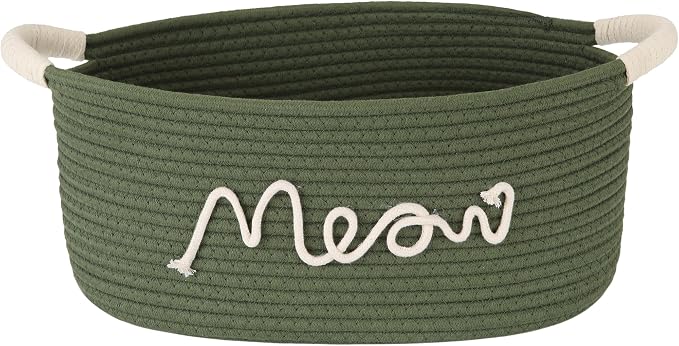 Sea Team Cat Toy Storage Basket with Handles, Green Meow | Large Cotton Rope Storage Bin, Shelf Basket, Organizer for Pet Chew Toys, Foods, 16.5 x 11 x 7 Inches, 4.4 Gallons