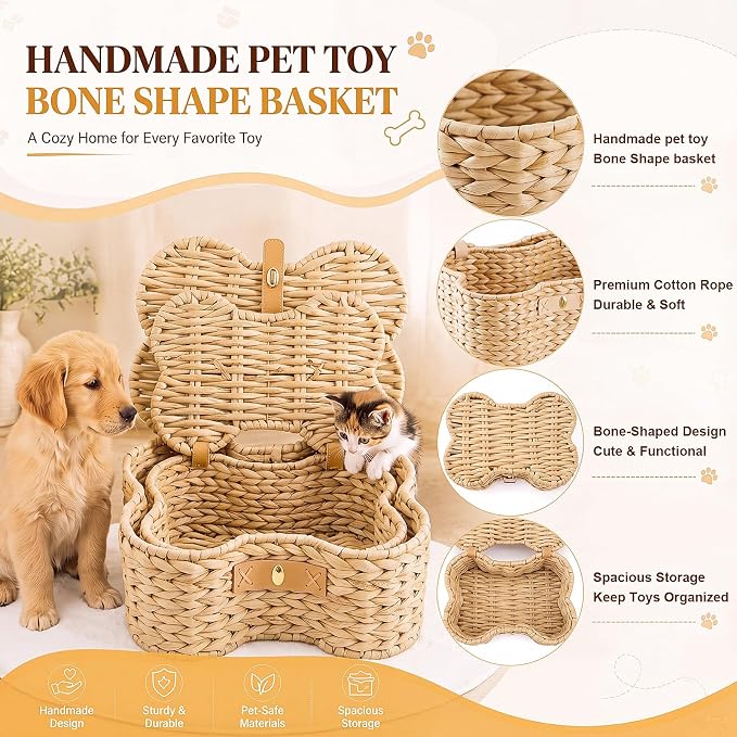 Barydat 2 Set Dog Bone Shaped Basket with Lid Gourd Grass, Light Brown | Large Small Sizes, Handmade Woven Basket for Toy Storage, Organizes Pet Items, Home Bin with Secure Lid Closure