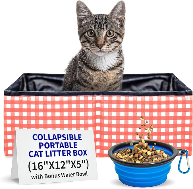 Pet Fit For Life - Vibrant Collapsible Travel Cat Litter Box - Portable, Foldable, Compact Design with Bonus Water Bowl - Ideal for Car & Camping - Reusable, Cats Safe - Coral, (16"x12"x5")