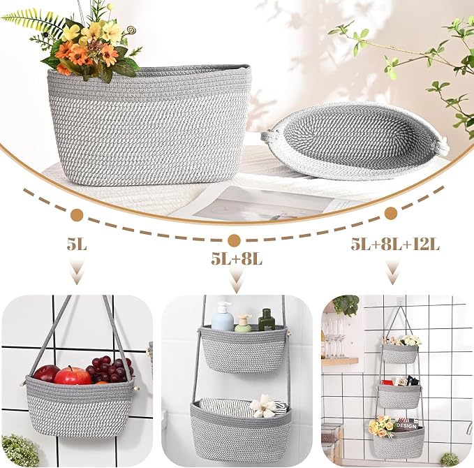 Hanging Basket, 3-Tier Woven Wall Basket with 4 Hooks, Cotton Rope Storage Baskets, Over the Door Organizer for Nursery, Bedroom, Cottage and Boho Wall Decor