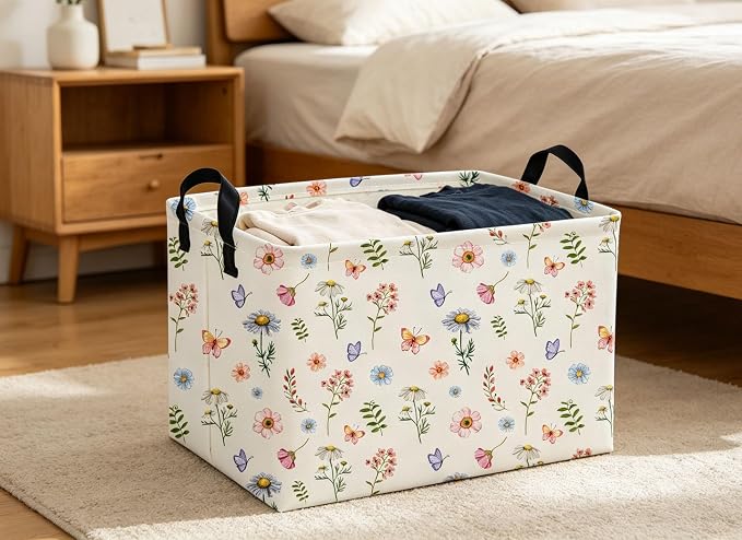 Rectangle Baskets Flower Basket Cute Storage Bin Organizer Box for Room Decor Gift Basket(Watercolor flower)