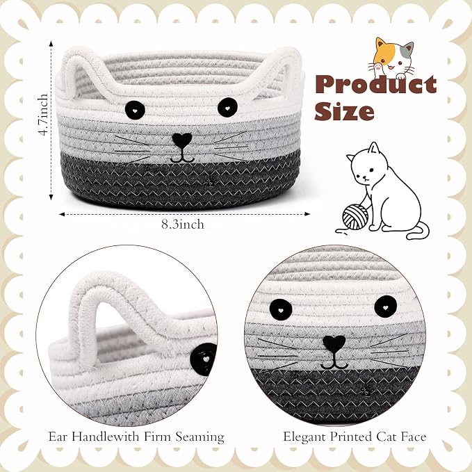 Zopeal Cat Woven Gift Basket Storage,8.3 x 4.7 Inch,Dark Gradient | Cute Cotton Rope Organizer with Handles for Toy Box, Nursery Decor, Decorative Bin, Pet Supplies Holder, Desk Storage