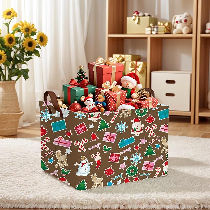 Empty Large Christmas Basket for Gifts Women Collapsible Storage Bin Kids Toy Box Holiday Décor (Santa Claus Snowman Brown)