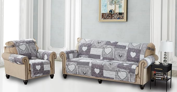 Brilliant Sunshine Grey Heart Love Patchwork Loveseat Cover, 54" seat | Quilted Sofa Cover, Living Room & Bedroom Furniture Protector, Large Washable Love Seat Slipcover for Pets, Dogs & Cats