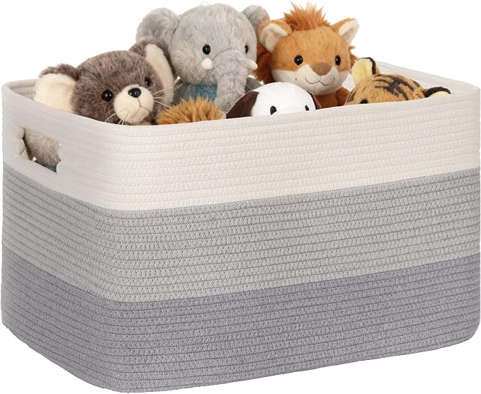 86L Large Woven Laundry Basket Hamper with Handles, Gradient Grey | collapsible wicker hamper, storage for dirty clothes, toys, blankets, gifts, living room, bedroom, bathroom, 24"x16"x14"
