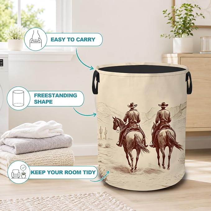 Western Cowboy Dirty Clothes Hamper,Foldable Laundry Basket with Handles,Desert Horse Waterproof Oxford Cloth Storage Bin for Bedroom Bathroom Nursery,16 x 20 Inch