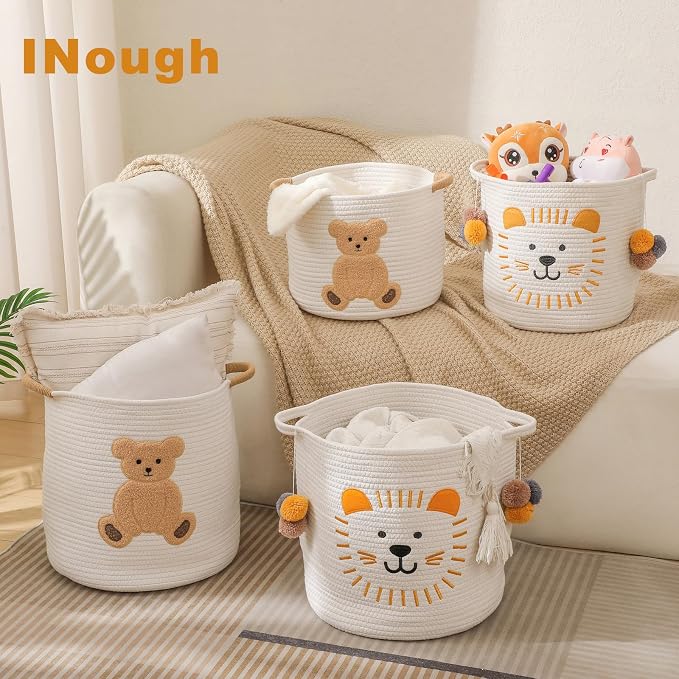 Large Blanket Baskets for Living Room Decor, Toy Storage Baskets Woven Cotton Rope Animal Storage Basket for Kids, Dog Toys Organizer Clothes Hamper with Embroidery Decor for Nursery (Large, Lion)