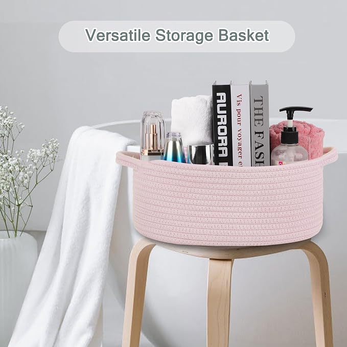 COMSE Empty Small Gift Basket with Bag & Ribbons, Light pink | Cotton Rope, 12"x 8"x 5", Baby Toy Organizer, Stores Small Items for Bedrooms, Nurseries, Bathrooms, Living Rooms, Offices
