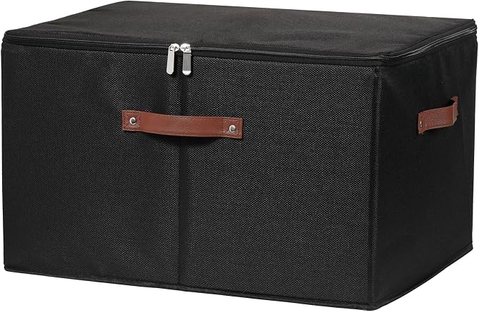 Storage Bins with Zipper Lids Decorative Lidded Baskets Boxes | Clothes Container, Closet Shelf Organizer, Foldable Washable, Cotton Linen Fabric, w/ PU Leather Handles, Black, Jumbo