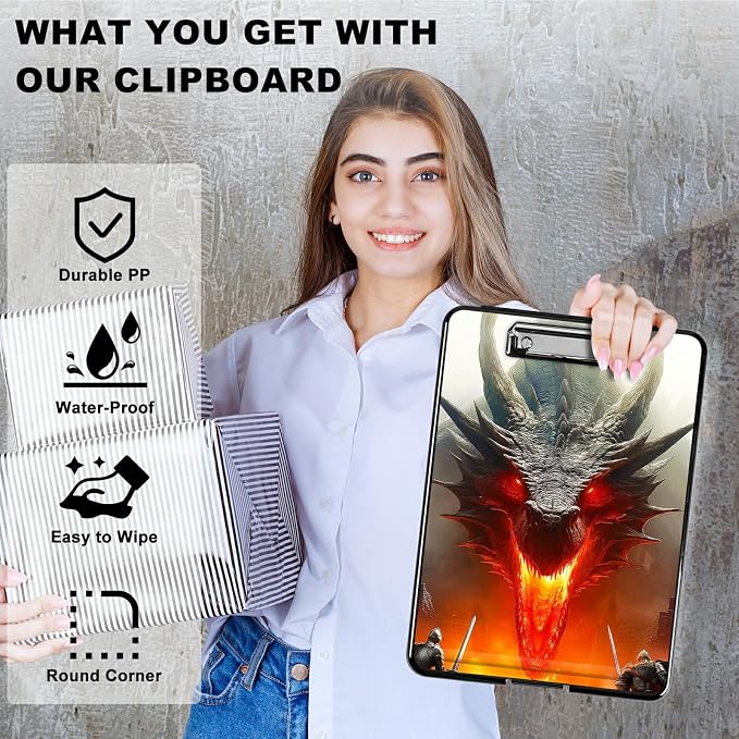 Heavy Duty Storage Clipboard, Slim Nursing Clipboard with Internal Pen Case, Portable File Organizer Case for A4 Letter Size Paper Office Medical Professionals, Grey Flame Dragon