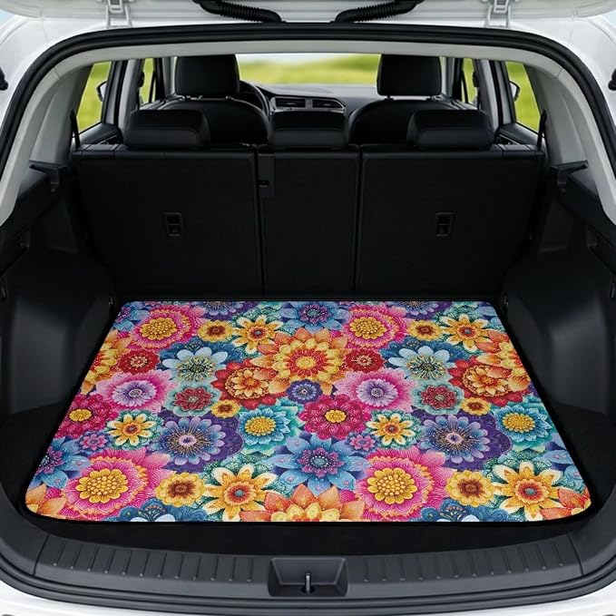 Howilath Bohemian Floral Rear Cargo Mat All Weather Trunk Liner for Cars SUV Truck, Non-Slip Polyester Carpet