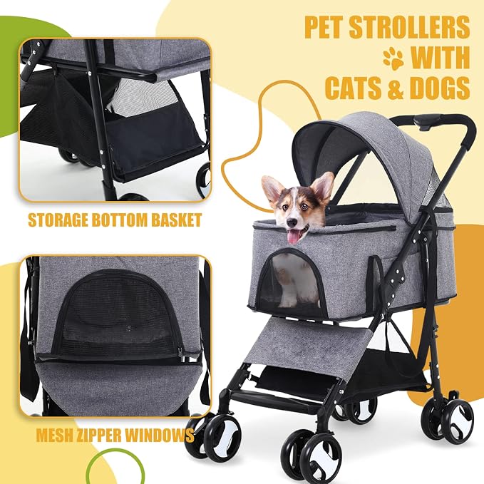 Dog Stroller 3-in-1 Folding Dog Stroller for Medium Small Dogs Pet Stroller Cat Stroller 4 Wheels with Detachable Carrier Storage Basket Waterproof Lightweight for Travel,Grey