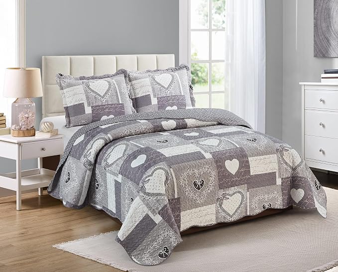 Brilliant Sunshine Grey Heartlove Pillowshams Set, 20"x26"+2" | Patchwork Design, Quilted Standard Pillowcases, Washable Scallop Edge Pillow Covers, Pack of 2