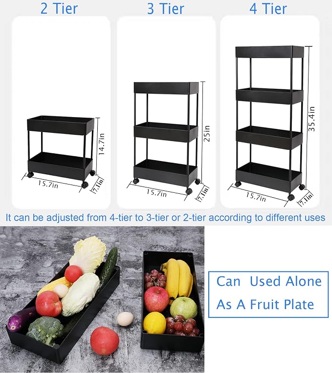 4 Tier Slim Rolling Utility Kitchen Cart Bathroom Organizer for Narrow Places Multipurpose Storage Shelve Mobile Trolley for Bedroom Laundry Office Restaurant Garage Pantry (Black)